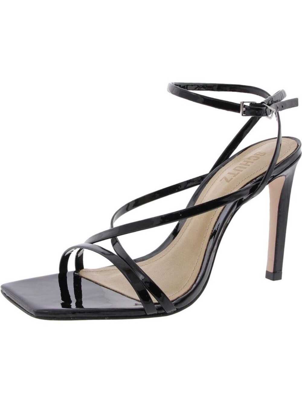 SCHUTZ Black Patent Strappy Square-Toe Heeled Sandals